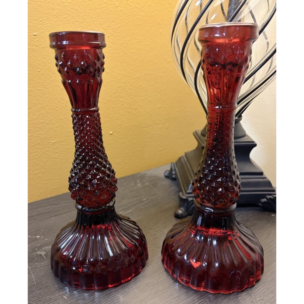 Pair of Ruby Red Pressed Glass Taper Textured Candlestick Holders , 8.5 In